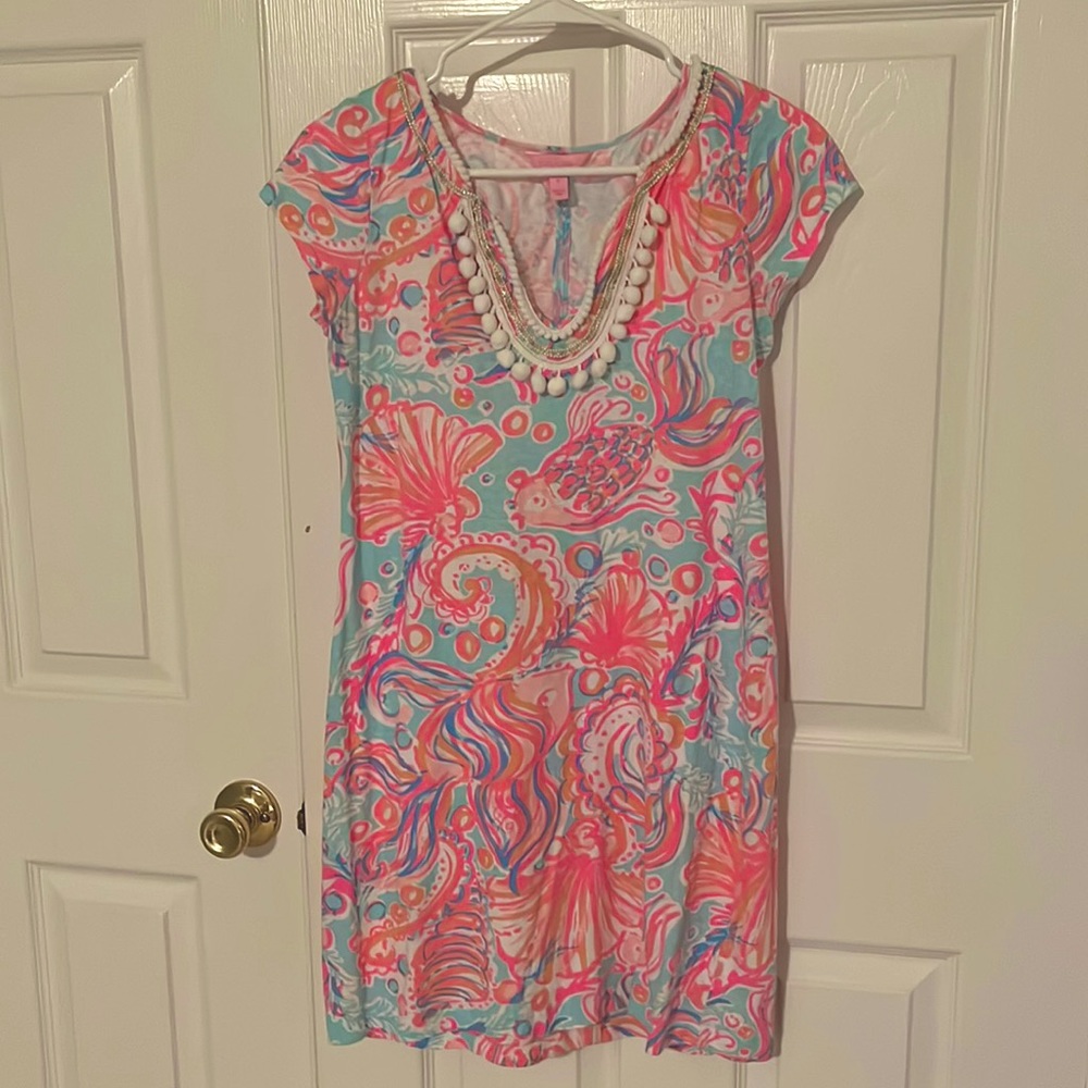 Lilly Pulitzer Pink V-Neck Pom Pom Too Much Bubbly Cotton Harper Shift Dress